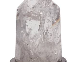1422
20th century
A rock crystal specimen
The cut and polished specimen set into a custom ebonized wood stand
Rock: 13.5" H x 8.5" W x 6.25" D; Overall: 15.5" H x 9.75" W x 7.5" D
Estimate: $600 - $800