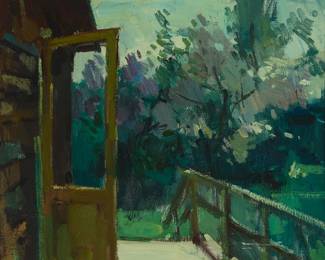 1089
Sergei Bongart
1918-1985
Side porch, 1974-1976
Oil on canvas
Unsigned; indistinctly inscribed in Cyrillic and dated in two places "1974" and "1976" on the stretcher bars
20" H x 24" W
Estimate: $600 - $800