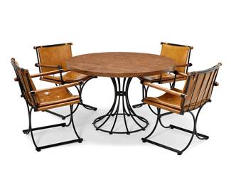 1463
In the manner of Cleo Baldon (1927-2014)
A Modern dining set, mid/late 20th century
Each unmarked
Comprising a dining table with veneered wood top set on an enameled metal tulip base, centering four dining chairs with tufted leather upholstered sling seats and leather backs, set in a conforming metal frame with wood dowel arms, 5 pieces
Table: 27.75" H x 45.25" Dia.; Each chair: 31" H x 22.25" W x 22.5" D
Estimate: $600 - $800