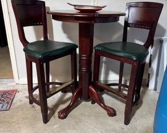 Wooden Bar Table with Pool Cues cut outs - to hold 4 individual Pool Cue Sticks  2 High Back Stools