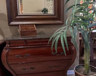 Marble top 3 drawer wooden Entry Table -Lots of beautiful uncommon  artificial potted trees and floral arrangements