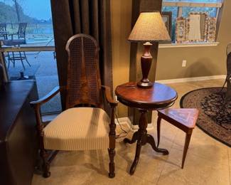Triangle inlaid top  very small table/music box               Cane  back Low boy Antique Chair,   Round wooden side table top with Wooden lamp