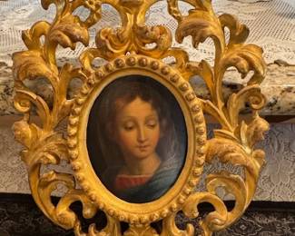 Hand-carved Wooden Frame   Portrait Miniature Madonna dei Canoteluori painted by Luis Pompignoli Old Master style   