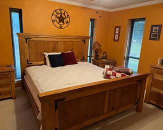 Handsome King bed Frame  Western decor matching large dresser and 2 Night Stands