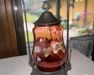 Silverplate, Cranberry Glass Pickle Caster