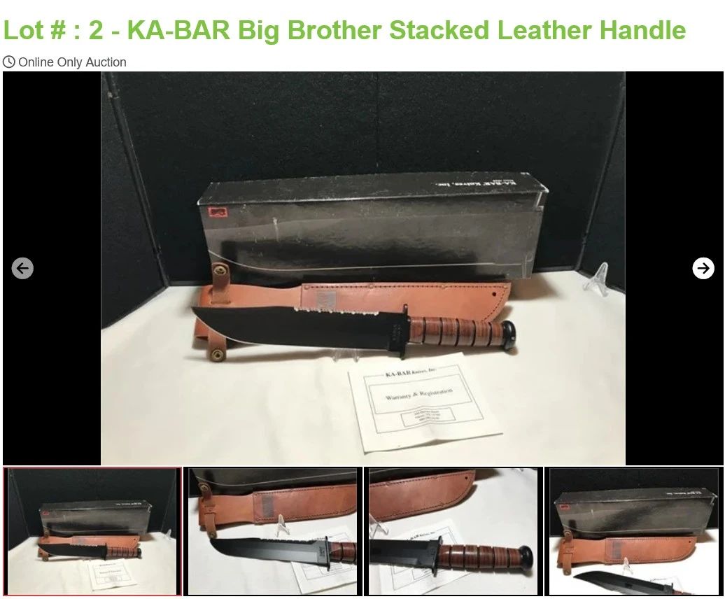 Lot # : 2 - KA-BAR Big Brother Stacked Leather Handle
A-BAR 02-2217 Measures: 14 1/4 " overall Blades: single Steel 1095 Cro-Van Tang: KA-BAR Olean, N.Y. Other side USA 2217 Guard & Pommel: steel Box: Original and custom leather sheath.