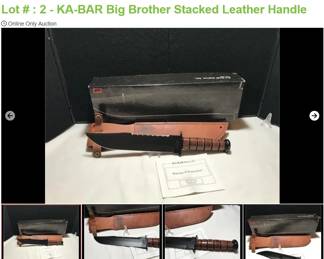 Lot # : 2 - KA-BAR Big Brother Stacked Leather Handle
A-BAR 02-2217 Measures: 14 1/4 " overall Blades: single Steel 1095 Cro-Van Tang: KA-BAR Olean, N.Y. Other side USA 2217 Guard & Pommel: steel Box: Original and custom leather sheath.
