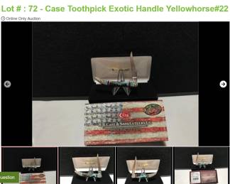 Lot # : 72 - Case Toothpick Exotic Handle Yellowhorse#22
Case xx 2 dot USA EX10096 SS Shepherd Hills Exclusive Yellowhorse Case Customs #022 Measures: 3" closed Blades: single SS engraved #022/100 Brian Yellowhorse signature and etched Yellowhorse Case Customs Bolsters: tooled Box: Original velvet presentation.
