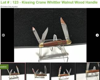 Lot # : 123 - Kissing Crane Whittler Walnut Wood Handle
Kissing Crane 2738XVII Made in Germany Measures: 3 1/2" closed Blades: 3 SS etched Hand Crafted Whittler Badge: brass pair of red Kissing Cranes Box: none.