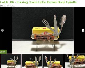 Lot # : 86 - Kissing Crane Hobo Brown Bone Handle
Measures: 4" closed Blades: single blade, fork and spoon take-a-part Badge: brass pair of red Kissing Crane Box: Original.