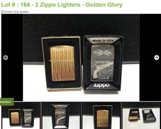 Lot # : 164 - 2 Zippo Lighters - Golden Glory
Golden Glory Lighter - 558 GOLDEN GLORY S XIII Case/Colt Zippo Lighter Colt Army 1860 - 150 COLT ARMY 1860 F 12. Both factory sealed, Braford, Pa. made in USA.