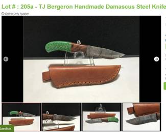 Lot # : 205a - TJ Bergeron Handmade Damascus Steel Knife
Measures: 8" overall Blades: single are made from several layers of 1095 and 15N20 steel folded multiple times creating between 288 and 512 layers forming beautiful and unique patterns on blade Badge: yes Box: none, has custom leather sheath.