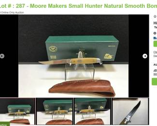 Lot # : 287 - Moore Makers Small Hunter Natural Smooth Bone
Moore Makers Model#5100SS-96 made in USA 1 of 250 #224 Measures: 6 1/8" closed Blades: single SS engraved #224 Badge: Moore Makers Inc Matador, Texas Hilt Pommel: metal Box: Original.
