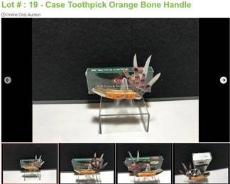 Lot # : 19 - Case Toothpick Orange Bone Handle
Case xx 3 dot USA 640096 SS Shepherd Hills Exclusive 4 blade toothpick Measures: 3" closed Blades: 4 SS Badge: long tail Case Box: Original.