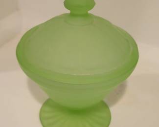 Uranium Glass Block Optic Green Frosted Candy Bowl Hocking ebay listing for similar in imperfect condition is eBAY SOLD $53.45 with shipping......this one is in great condition.....OUR PRICE IS $30