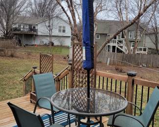 PATIO TABLE $30, UMBRELLA AND BASE $25, CHAIRS $5 EACH