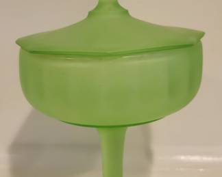 Frosted Lime Green Satin Glass Covered Compote - Pedestal Dish - Footed Bowl.....sold on etsy $63.16.....OUR PRICE $25 due to imperfection in picture.