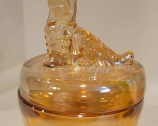 Antique Carnival Glass Powder Jar w/Scotti Dog Finial - Marigold.....our price $5.00 d/t chip