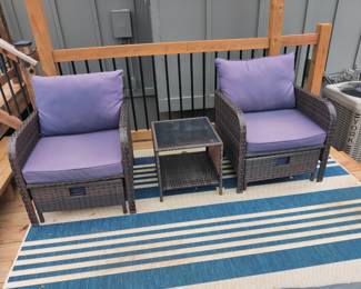 WICKER PATIO CHAIR AND OTTOMAN X 2 @ $40
EACH AND MATCHING TABLE $10