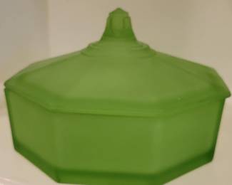 Green Depression Satin Uranium Glass Octagonal Art Deco Covered Powder Box 6”list on ebay $52.39.....OUR PRICE $25 d/t small chip...see pics