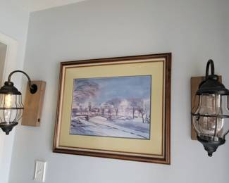 TWO BROWN METAL AND WOOD BATTERY WALL HANGING LAMP ...OUR PRICE $25 EACH....Sells multiple places at $50 each