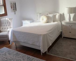 Room full of lovely furniture and decor. Antique white full size bed.  Includes Serta (Maple Grove) mattress and box spring.  With headboard 56"w x 46"h.  Footboard is 56"w x 28"h.