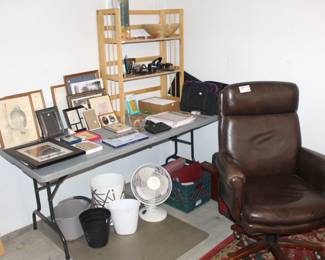 Leather office chair, picture frames.