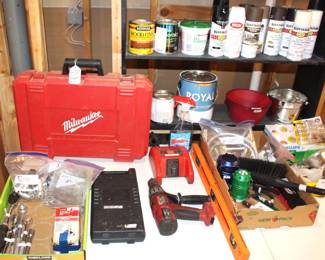 Milwaukee tools only, (no batteries). Paints, variety of tools.