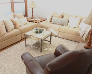 BUY IT NOW! $1,400. Jonathan Louis Noah, Four Piece Sectional, Urban Suede Buckskin sectional sofa.  Mix and match sections.   45" d x 94" w x 29" h.   Sectional sofa, marble top tables, coffee table and more furnish this beautiful room.  