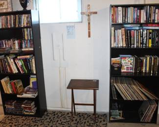 Book shelves, books, albums ,DVD's.