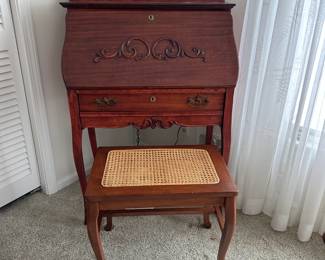 Lot (23) Antique Oak Larkin Style Secretary Desk with Bench.  Robert Wood Painting at top in mirror section.  Desk 30”w 16d 50h back, Bench 21”w 14d 18h.  