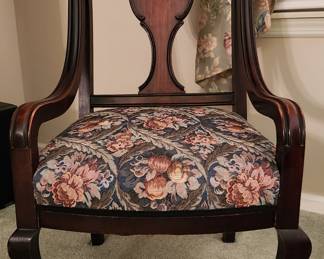 Lot (77) French Antique Arm Chair, reupholstered 21-1/2"w 36"h back  ** there are 3 chairs related to this style with the same tapestry fabric