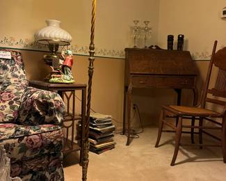 Lot (65) Art Deco Polychrome Painted Cast Metal Floor Lamp, Fringed Shade