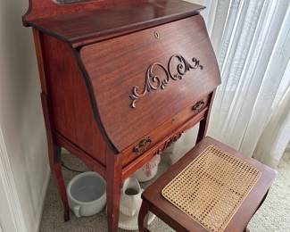 Lot (23) Antique Oak Larkin Style Secretary Desk with Bench.  Robert Wood Painting at top in mirror section.  Desk 30”w 16d 50h back, Bench 21”w 14d 18h.  