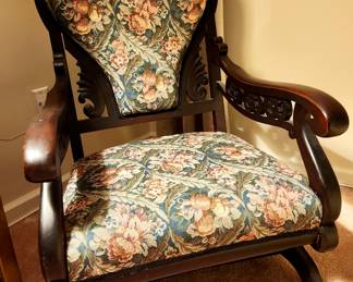 Lot (75) French Antique Platform Rocker Rocking Chair Sweetheart Back Spring Loaded Carved Wood Eastlake Style 24-1/2"w 36"h back