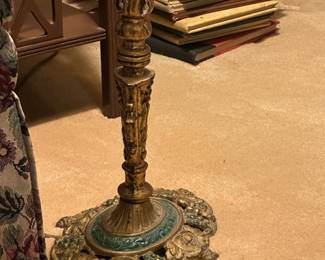 Lot (65) Art Deco Polychrome Painted Cast Metal Floor Lamp, Fringed Shade