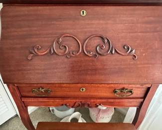 Lot (23) Antique Oak Larkin Style Secretary Desk with Bench.  Robert Wood Painting at top in mirror section.  Desk 30”w 16d 50h back, Bench 21”w 14d 18h.  