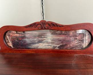 Lot (23) Antique Oak Larkin Style Secretary Desk with Bench.  Robert Wood Painting at top in mirror section.  Desk 30”w 16d 50h back, Bench 21”w 14d 18h.  