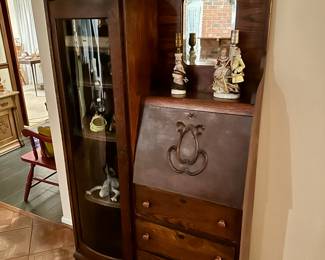Lot (18) Antique Oak Secretary Desk with Rounded Front Glass Cabinet 38.5”w 12d 68h. 