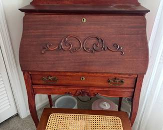 Lot (23) Antique Oak Larkin Style Secretary Desk with Bench.  Robert Wood Painting at top in mirror section.  Desk 30”w 16d 50h back, Bench 21”w 14d 18h.  