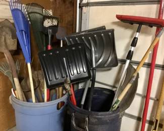 Shovels, rakes, snow shovels, pole digger, and other assorted outdoor tools
