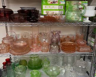 Green and pink Depression Glass