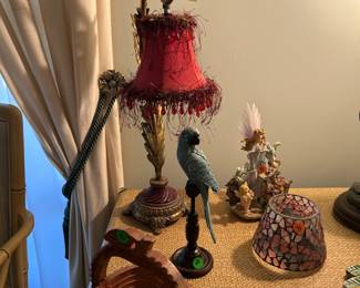 Wooden baskets, lamps, and figures