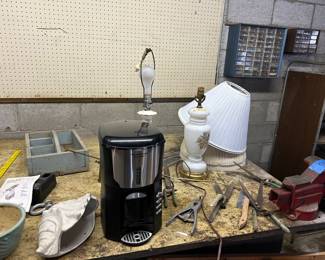 Coffee pots, lamps, and tools