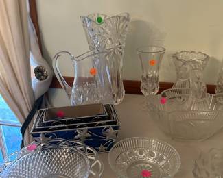 Clear cut glass vases and pitchers