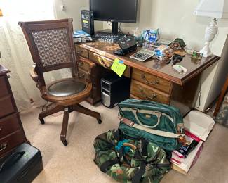 Desk, chair, and bags