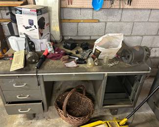 Desks, printers, baskets, and tools