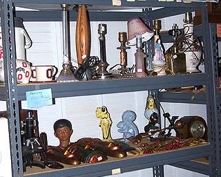 Assorted lamps, dolls, light filter