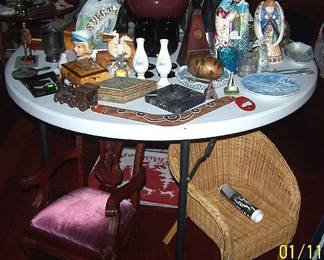Jim Shore items, Royal Doulton, wicker child's chair, etc...