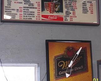 1960's menu sign, Miller clock